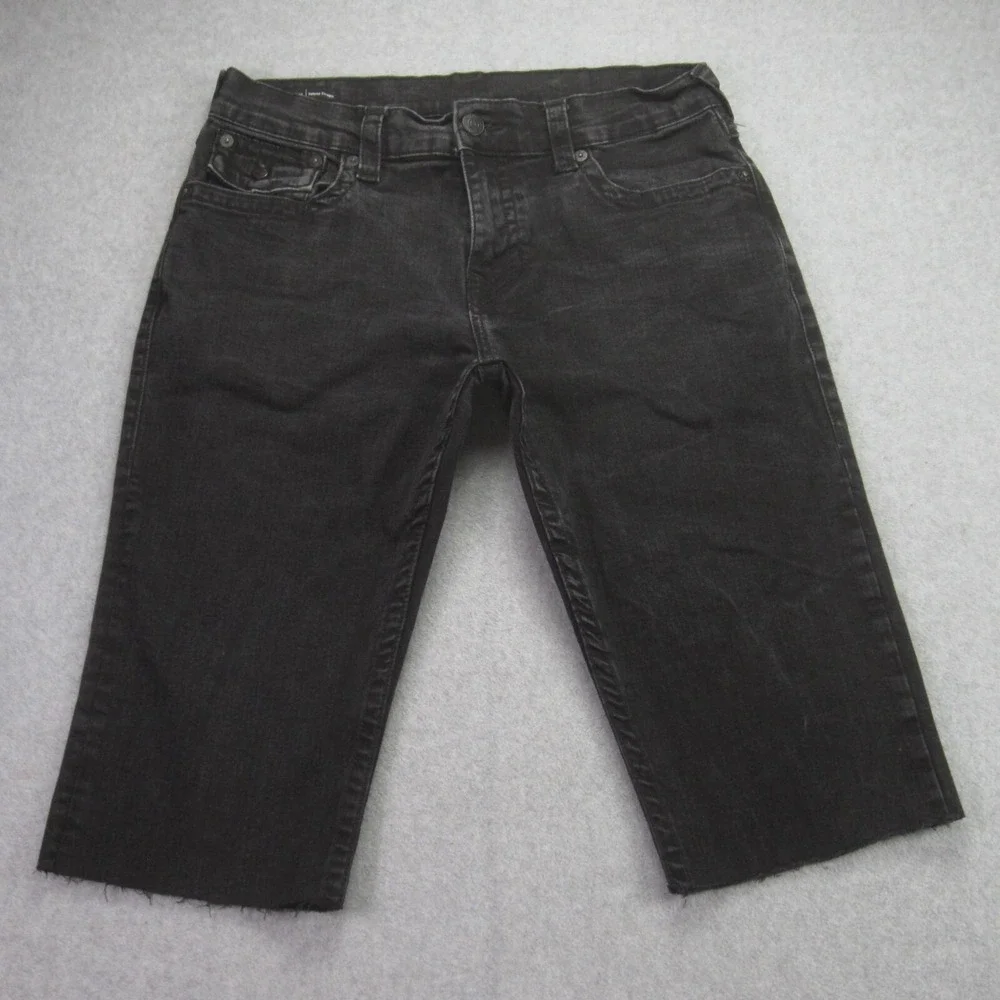True Religion Ricky Relaxed Straight Shorts Mens 33 Black Denim Flap Pocket Cut‎
